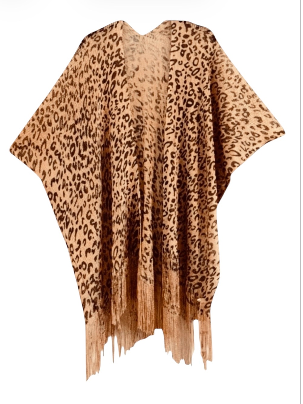 Bon Voyage Leopard Print Gold Shimmer Fringe Kimono Cardigan Wrap NWT OS